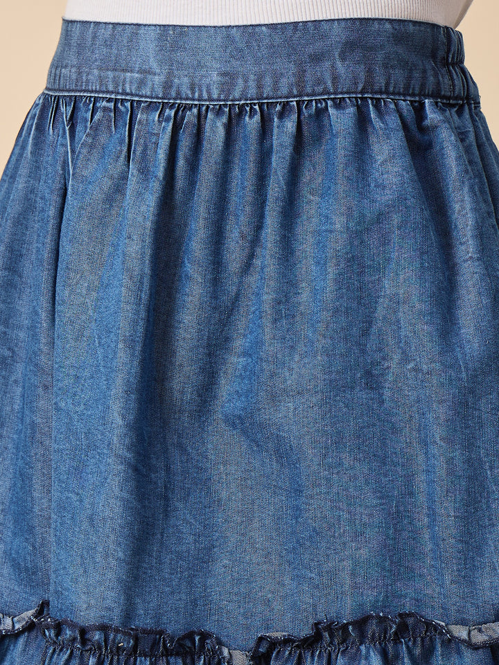 Blue Denim Tiered Mini Skirt