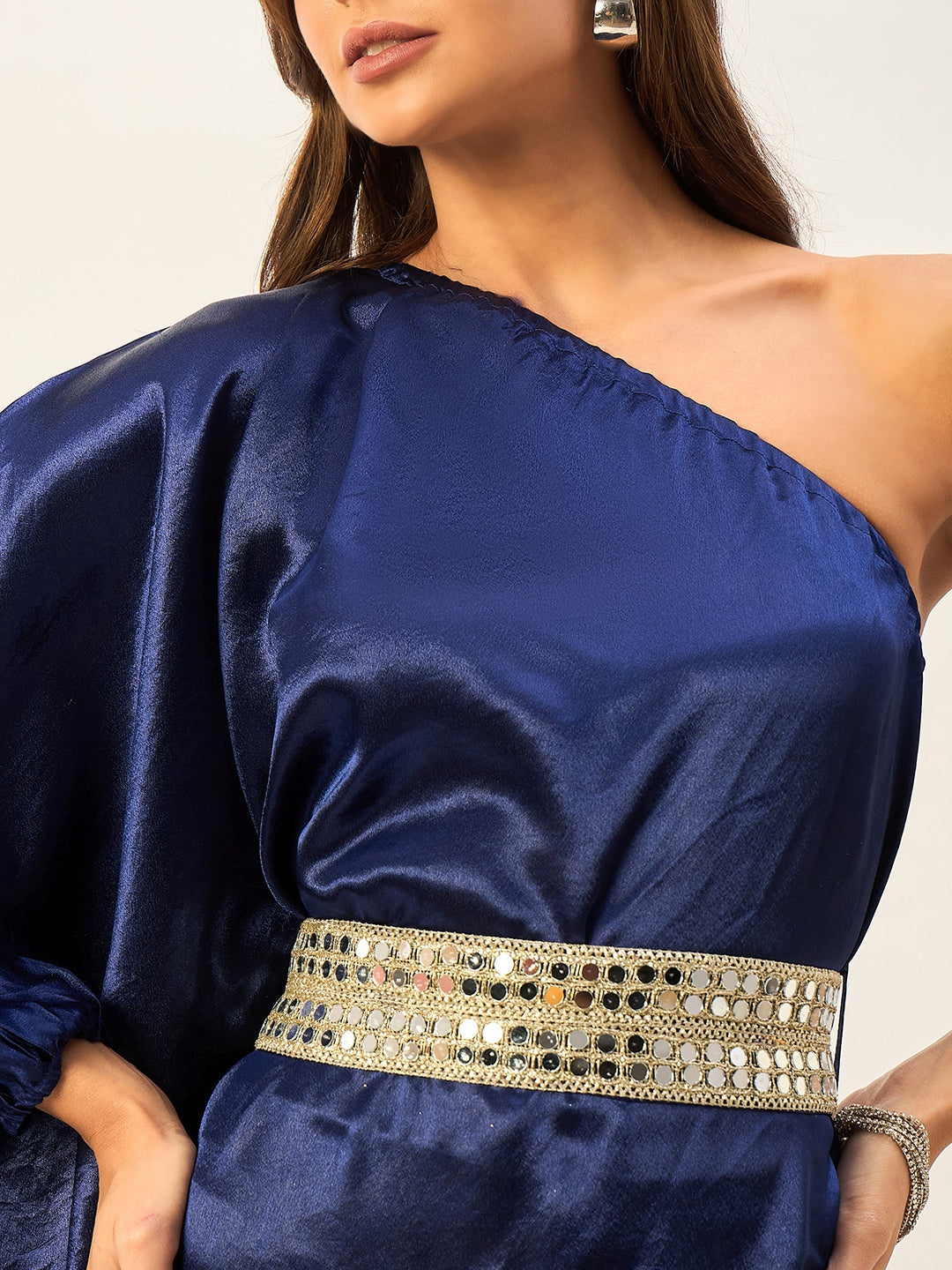 one shoulder kaftan dress with mirror work belt