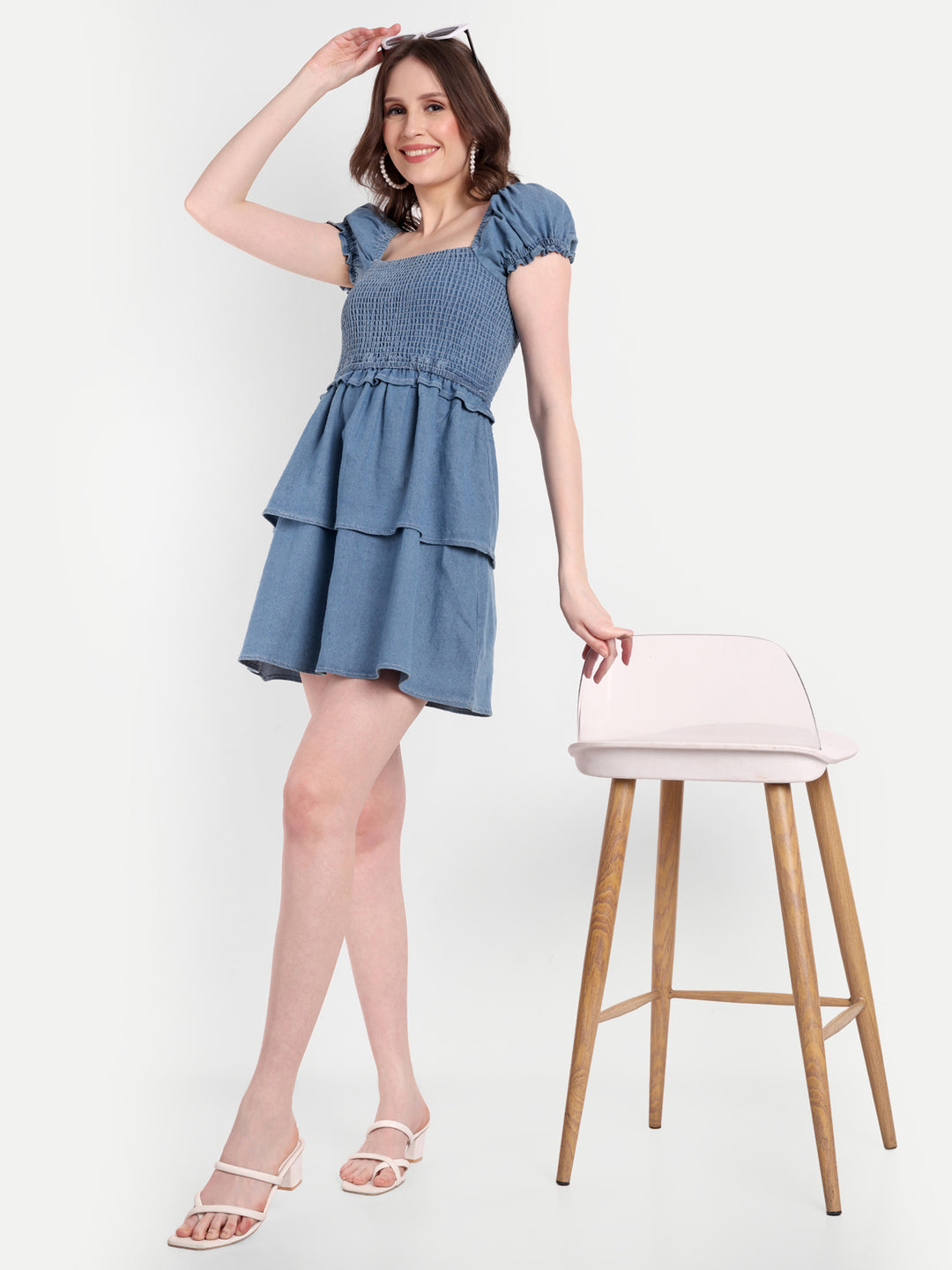 DENIM SHORT DRESS WITH PUFF SLEEVES