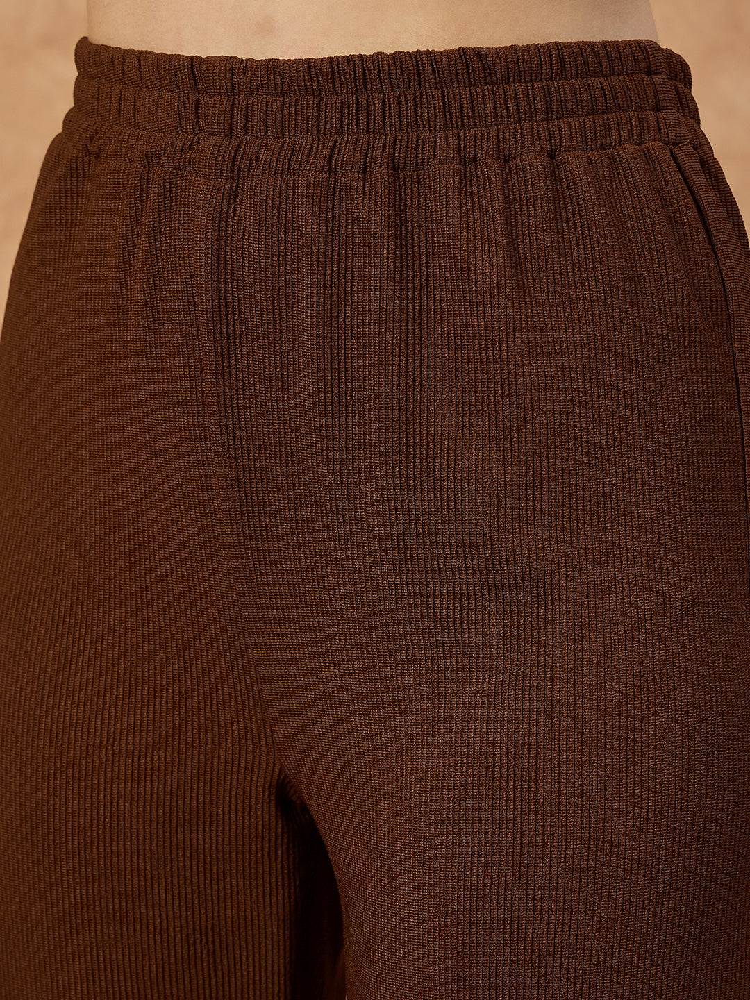 Women’s Beige Knit Stretch Co-ord Set with Full Sleeves Top and Straight Pants