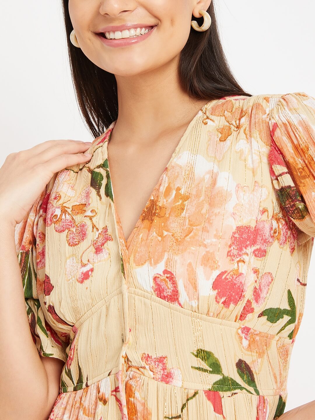 Floral Printed Beige Smoked Dress