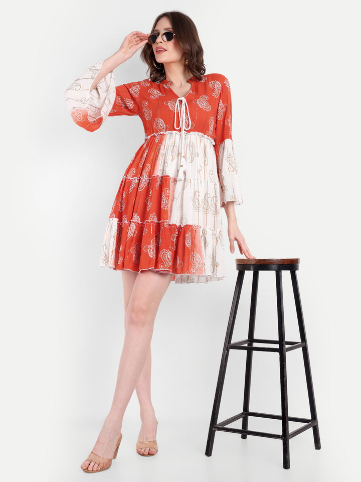 PRINTED TIERED SHORT DRESS WITH BELL SLEEVES