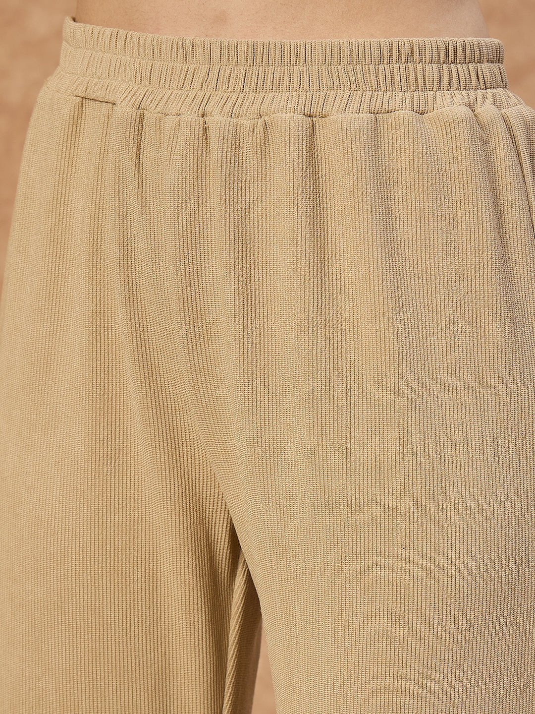 Women’s Beige Knit Stretch Co-ord Set with Full Sleeves Top and Straight Pants