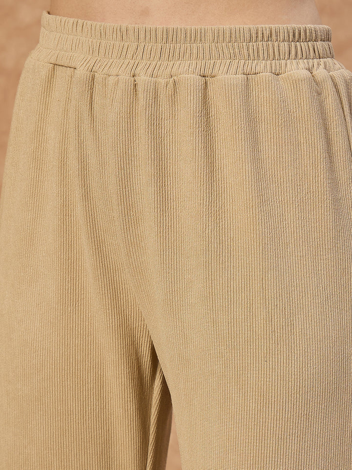 Women’s Beige Knit Stretch Co-ord Set with Full Sleeves Top and Straight Pants