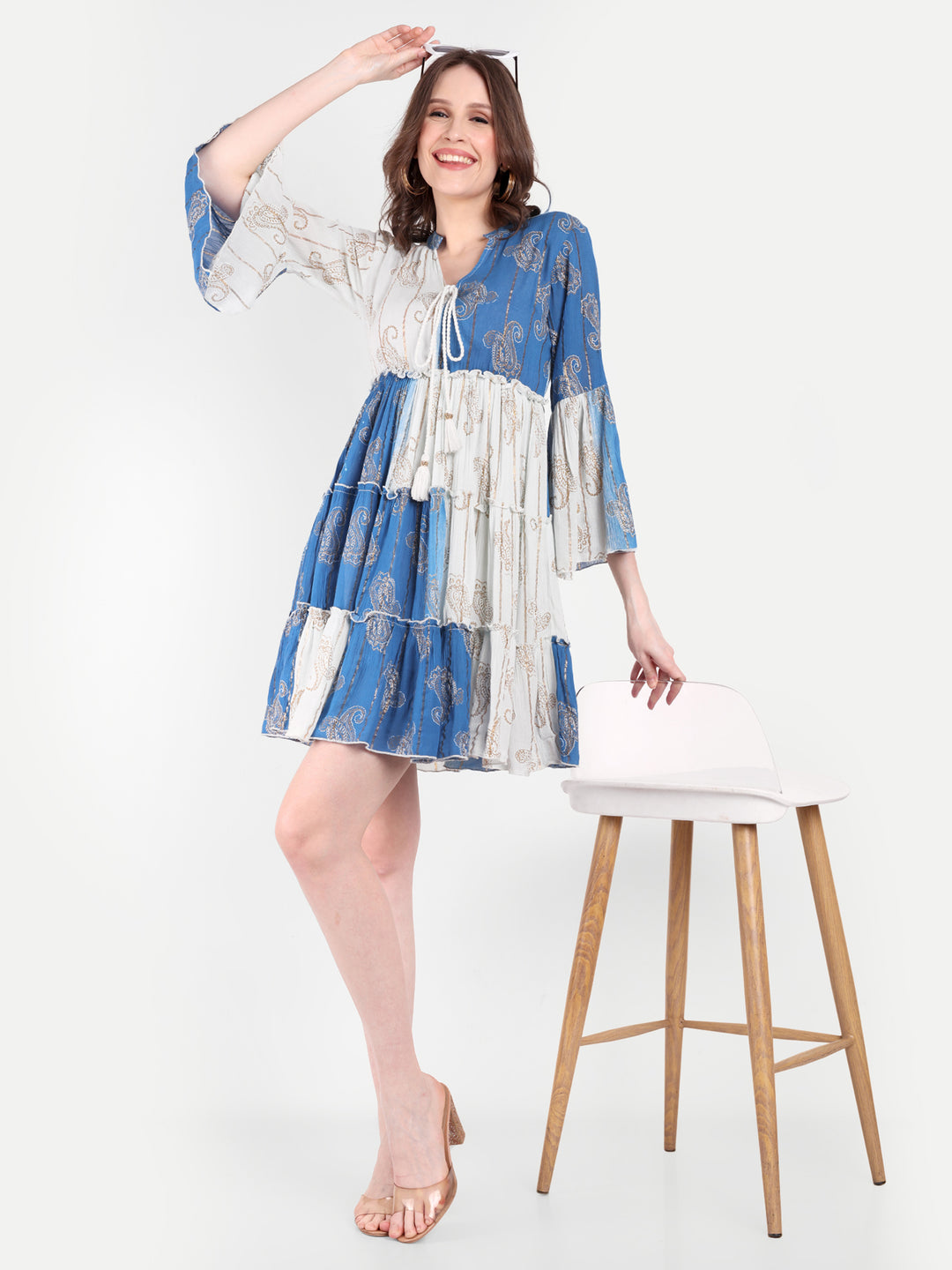 PRINTED TIERED SHORT DRESS WITH BELL SLEEVES