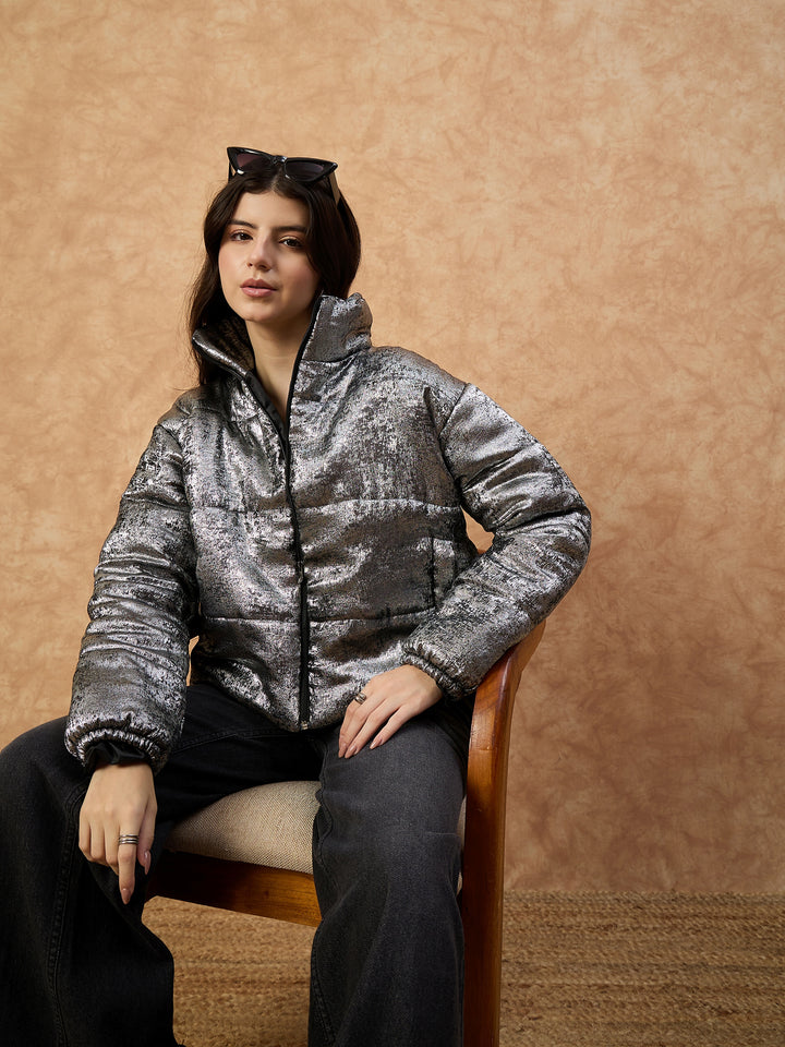Women's Grey High-Neck Puffer Jacket