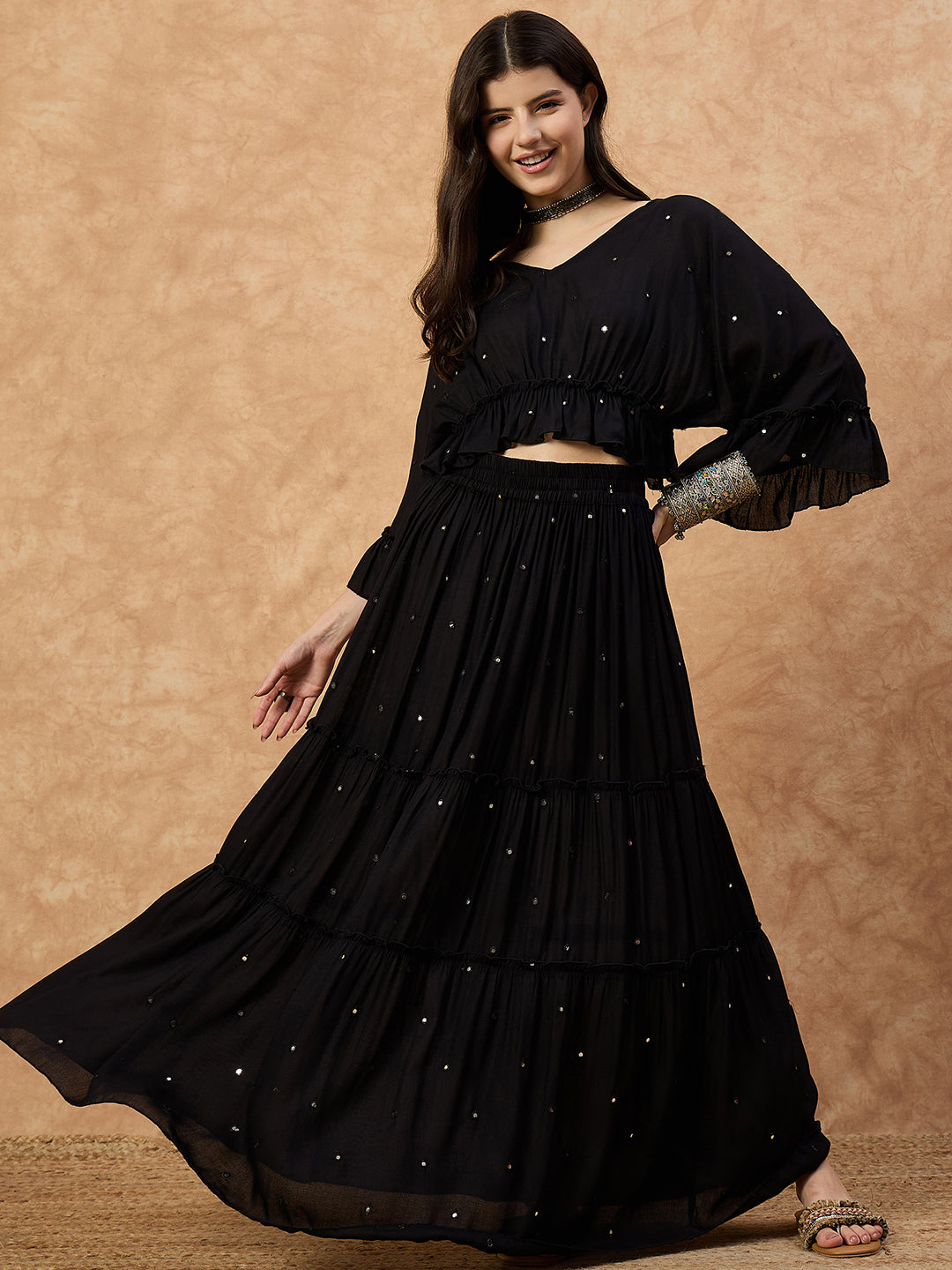 Women’s Black Rayon Co-ord Set with Mirror Work