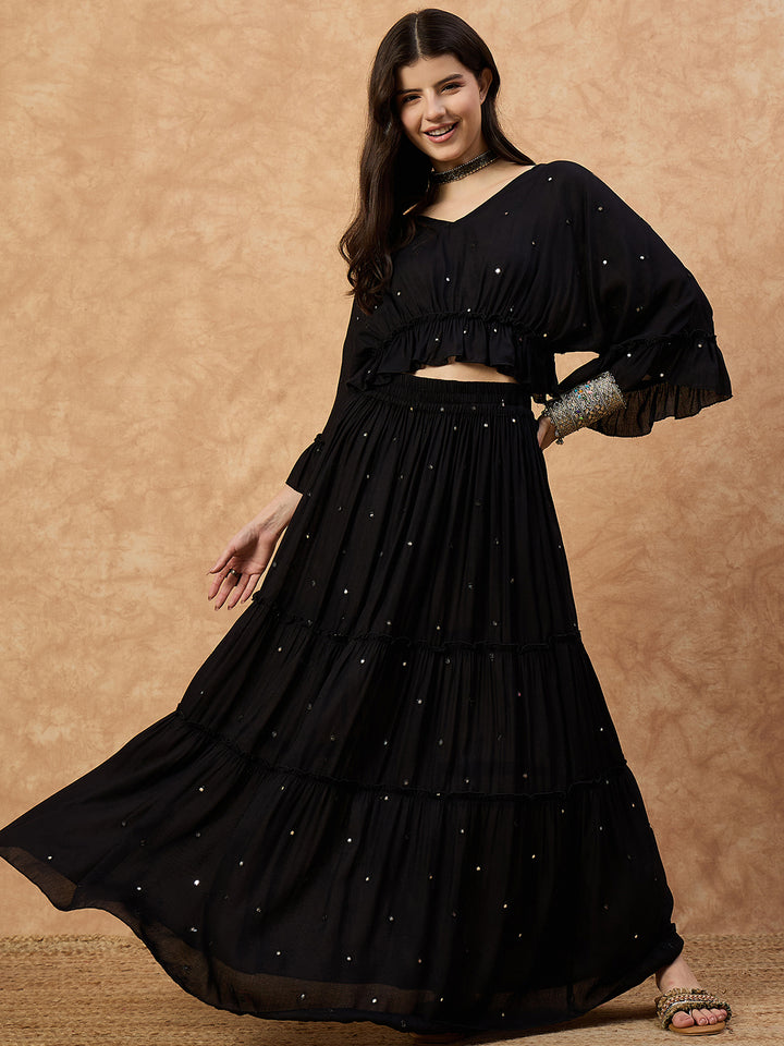 Women’s Black Rayon Co-ord Set with Mirror Work