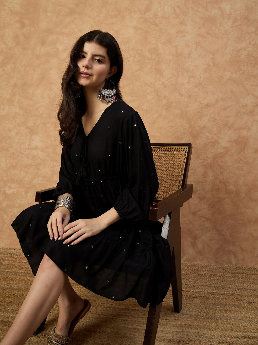 Women’s Black Mirror Work Short Dress in Soft Rayon