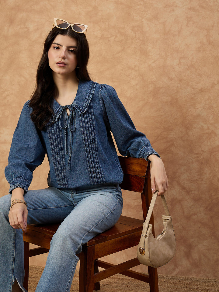 Women’s Dark Blue Denim Top with peter pan Collar & Pin-Tuck Detailing