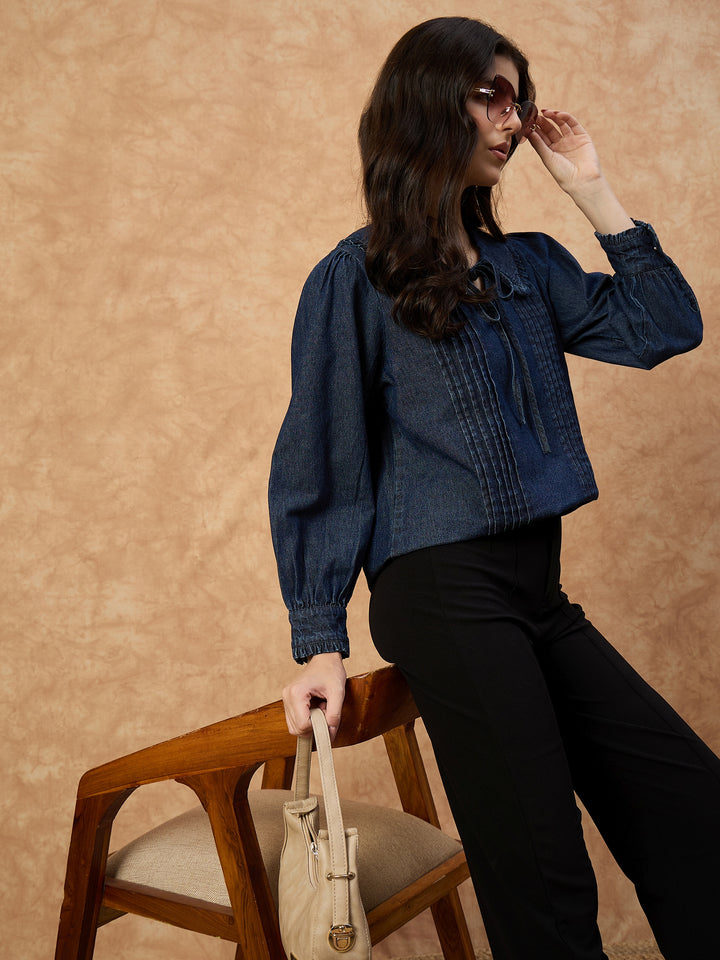 Women’s Dark Blue Denim Top with peter pan Collar & Pin-Tuck Detailing