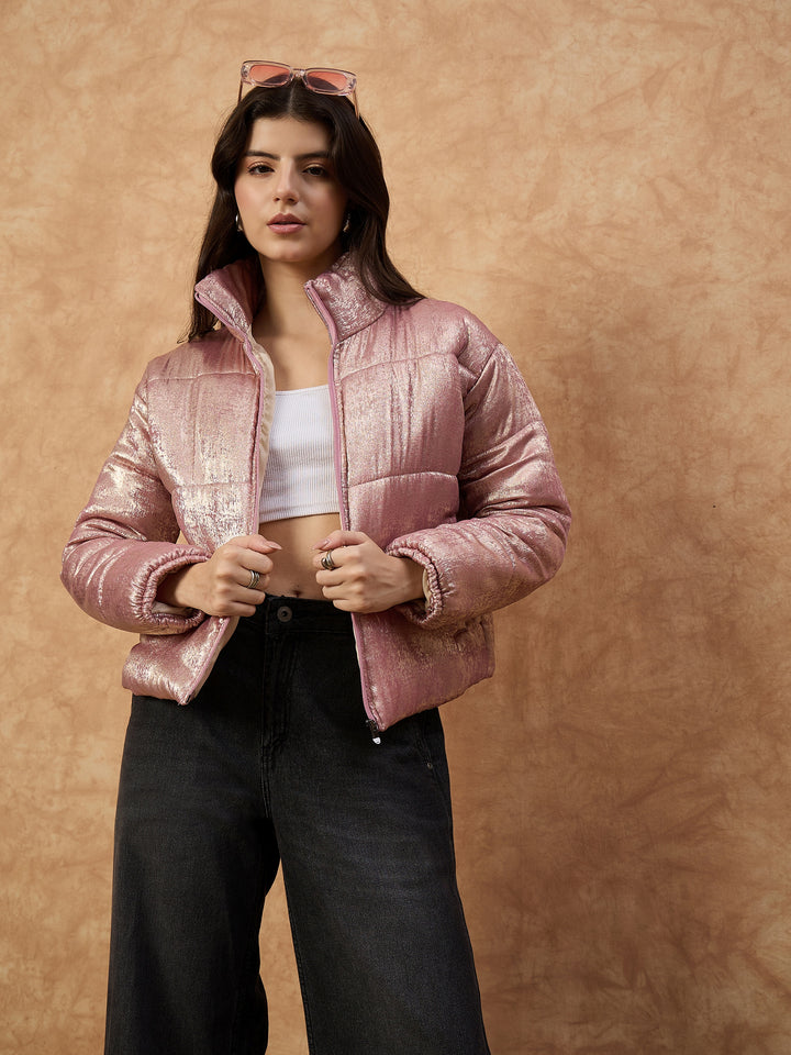 Women's Grey High-Neck Puffer Jacket