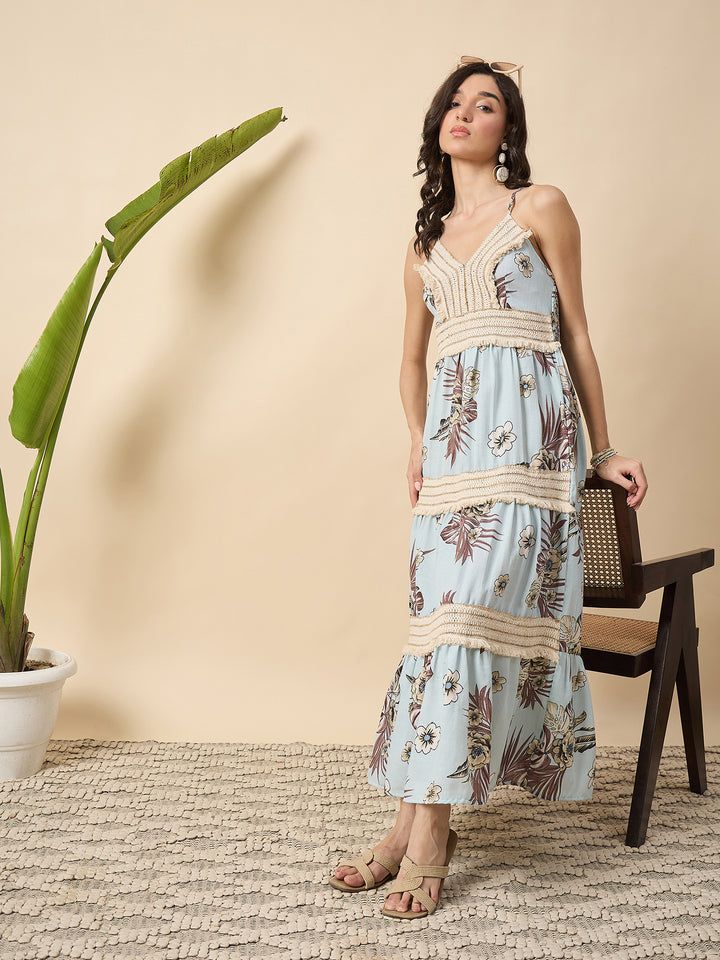 floral printed  tiered spaghetti dress with laces