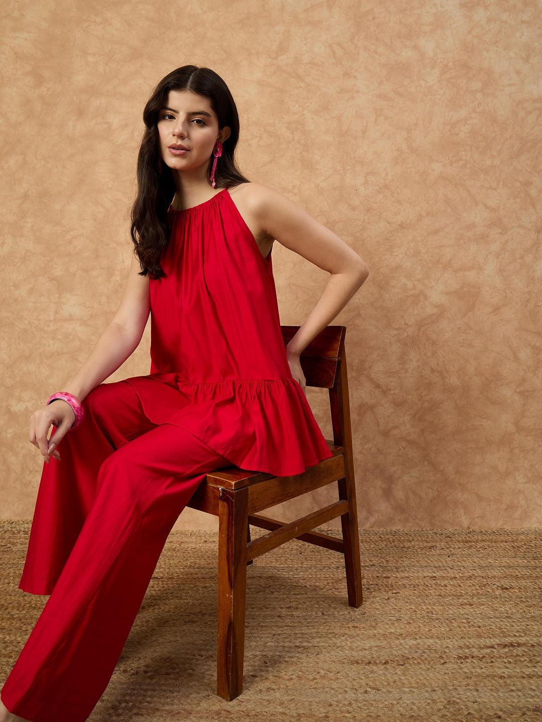 Women’s  Red Sleeveless Top with Flared Pants Co-ord Set