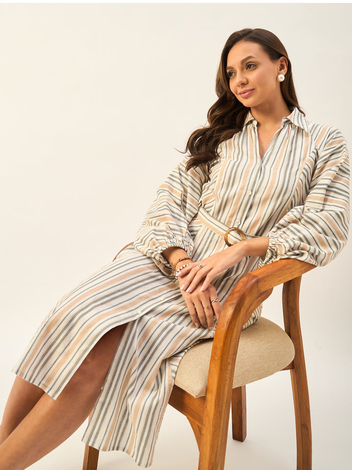 100% COTTON STRIPED DRESS WITH BALLOON SLEEVES AND BELT