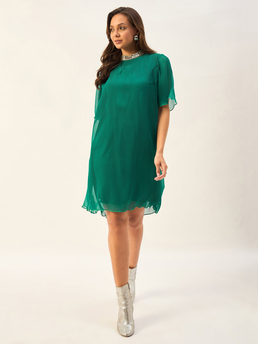 A-LINE SHORT DRESS WITH EMBELLISHED NECKLINE