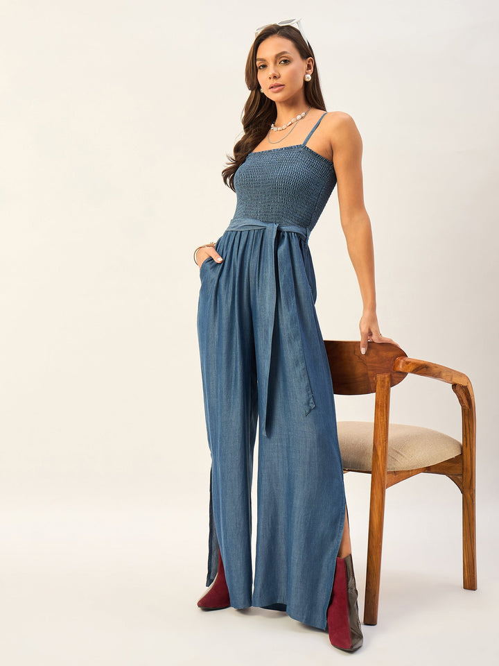 SMOCKED CAMISOLE TENCEL JUMPSUIT WITH SIDE SLITS