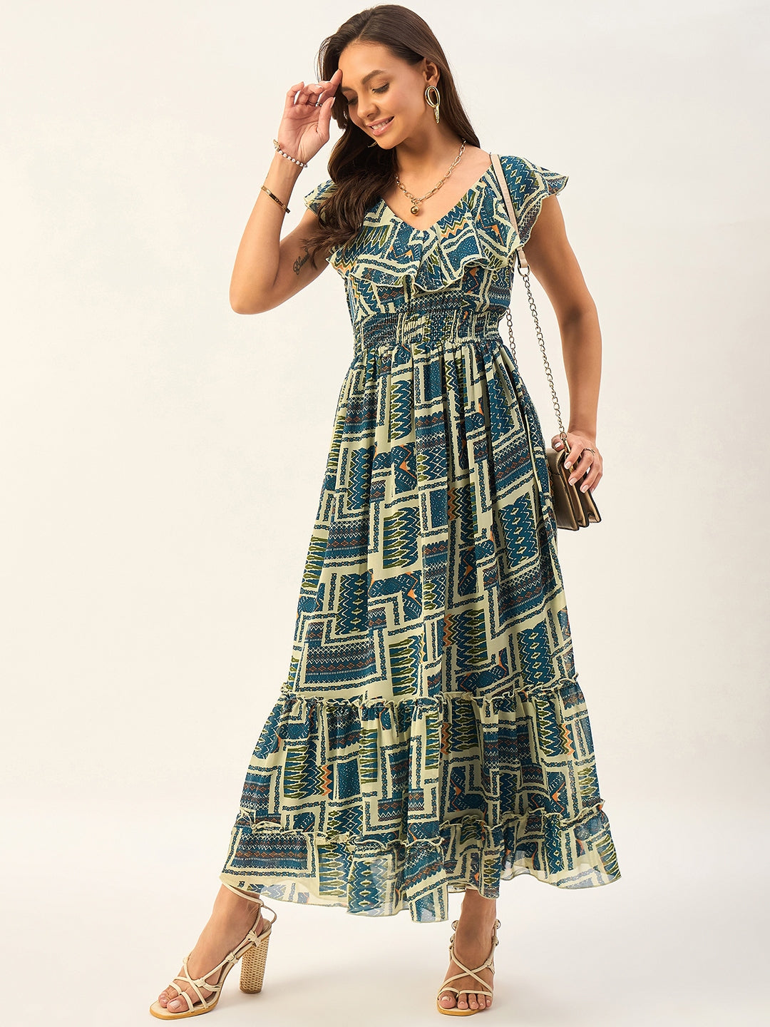 PRINTED SLEEVELESS A-LINE TEIRED DRESS