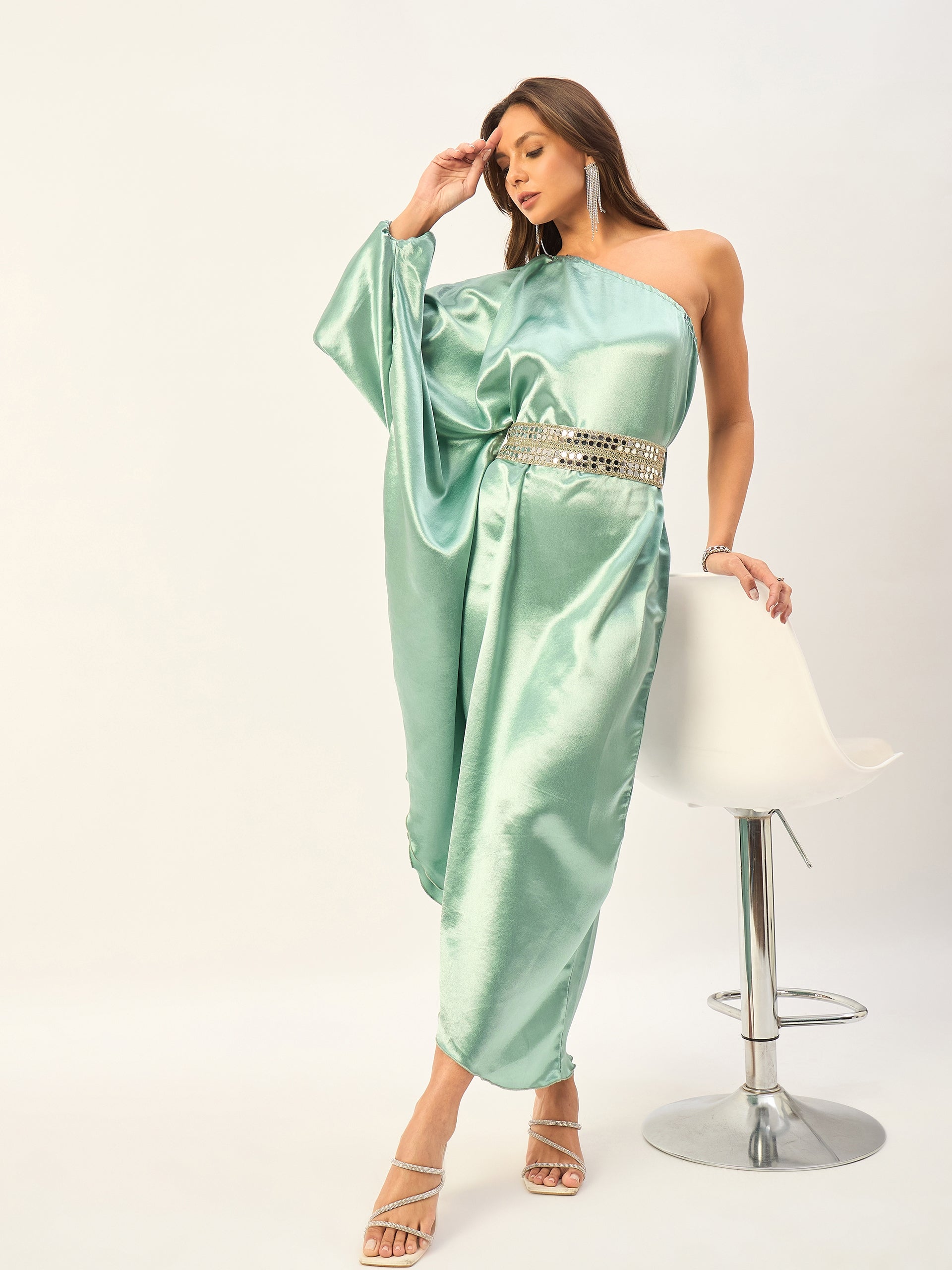 one shoulder kaftan dress with mirror work belt – Drape & Dazzle
