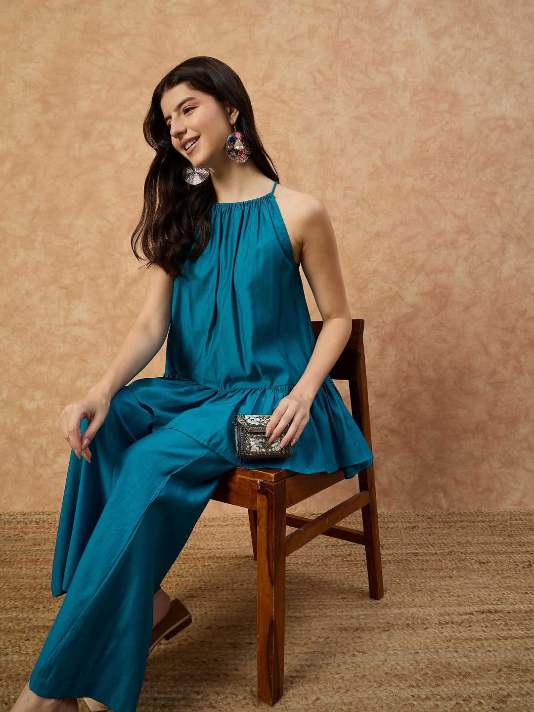 Women’s  Red Sleeveless Top with Flared Pants Co-ord Set