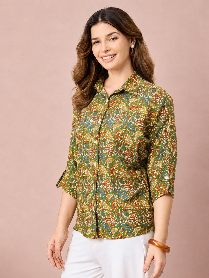 Women’s Paisley Print Shirt | 3/4 Sleeve Button-Down Casual Top for Women | Stylish Printed Western Wear Shirt