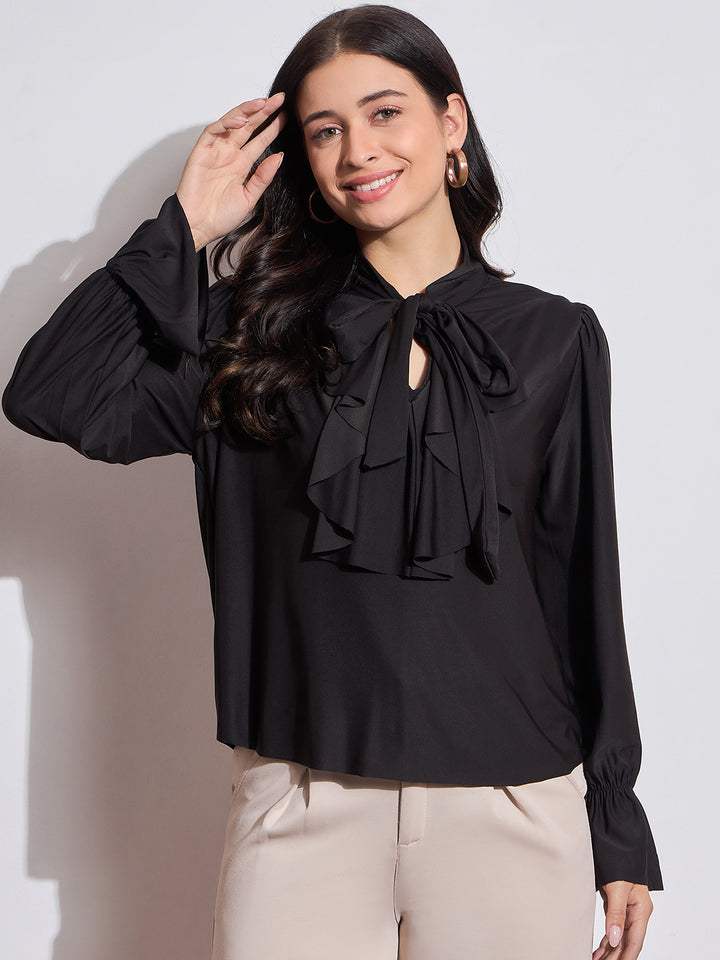 Long Sleeves Ruffle Detail Top with Tie Neck