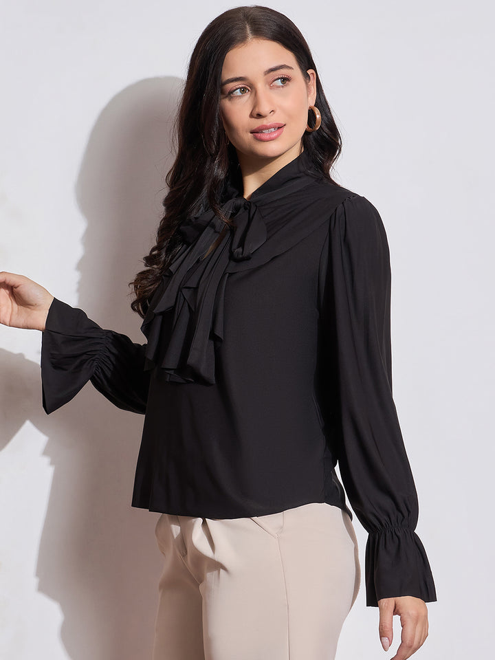 Long Sleeves Ruffle Detail Top with Tie Neck