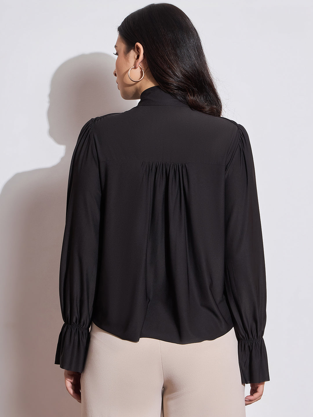 Long Sleeves Ruffle Detail Top with Tie Neck