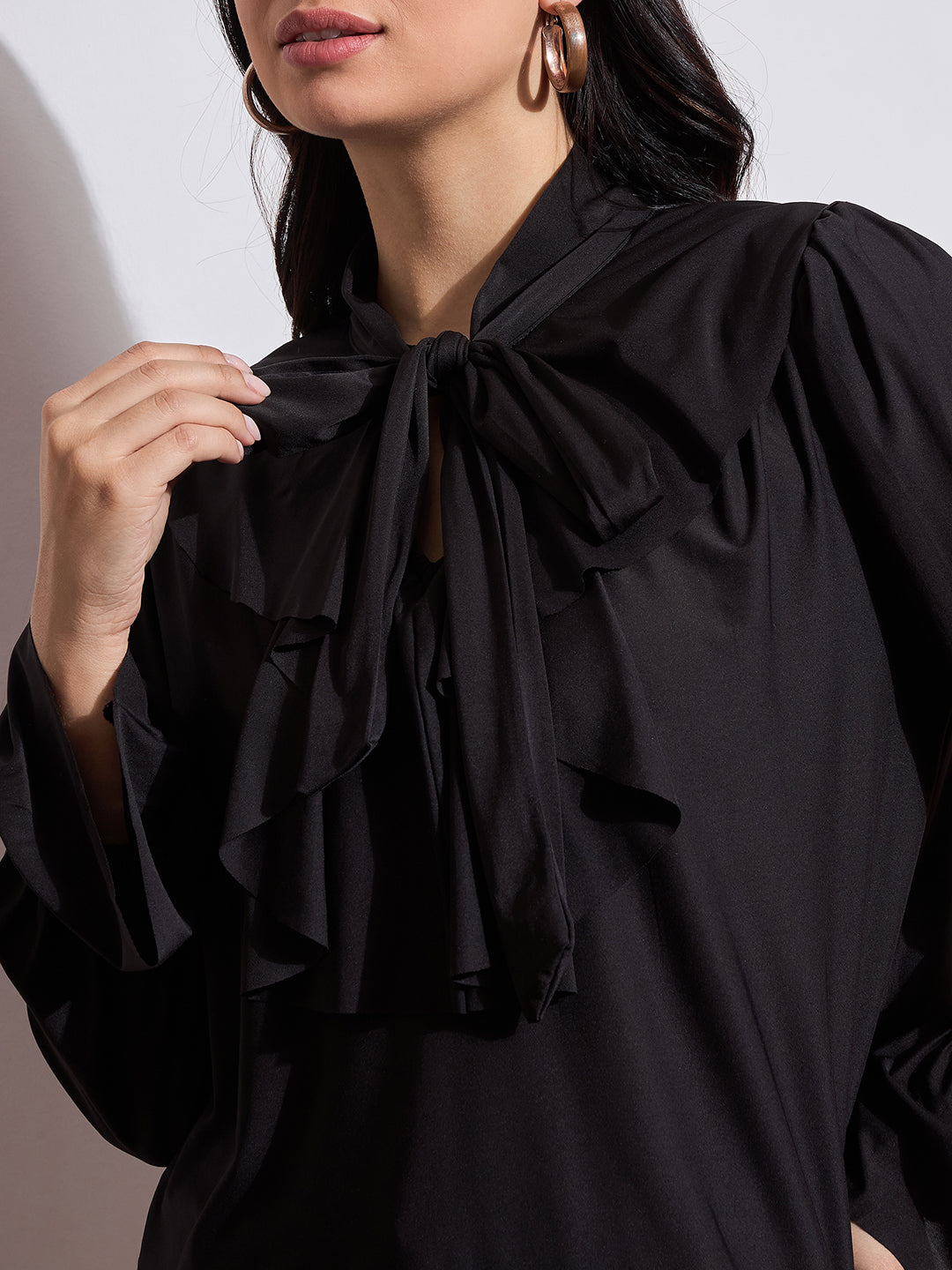 Long Sleeves Ruffle Detail Top with Tie Neck