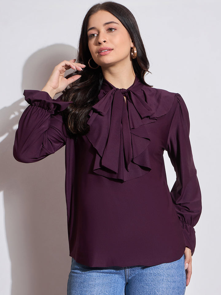 Long Sleeves Ruffle Detail Top with Tie Neck