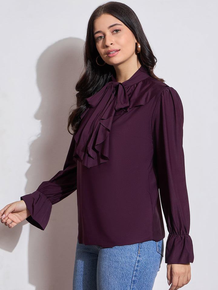 Long Sleeves Ruffle Detail Top with Tie Neck