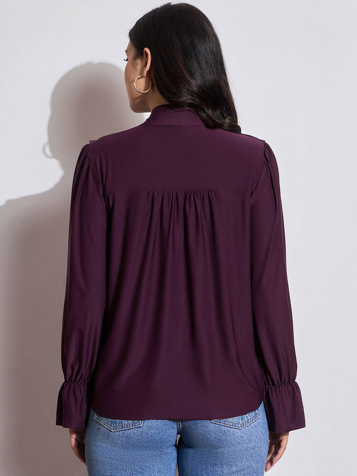 Long Sleeves Ruffle Detail Top with Tie Neck