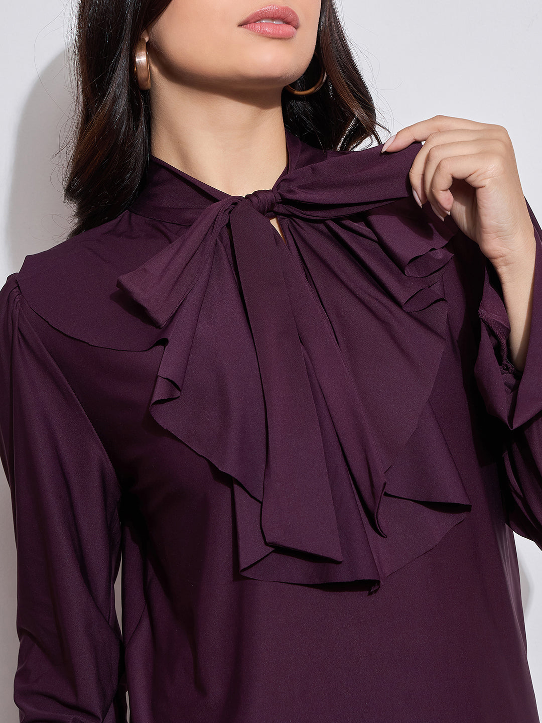 Long Sleeves Ruffle Detail Top with Tie Neck