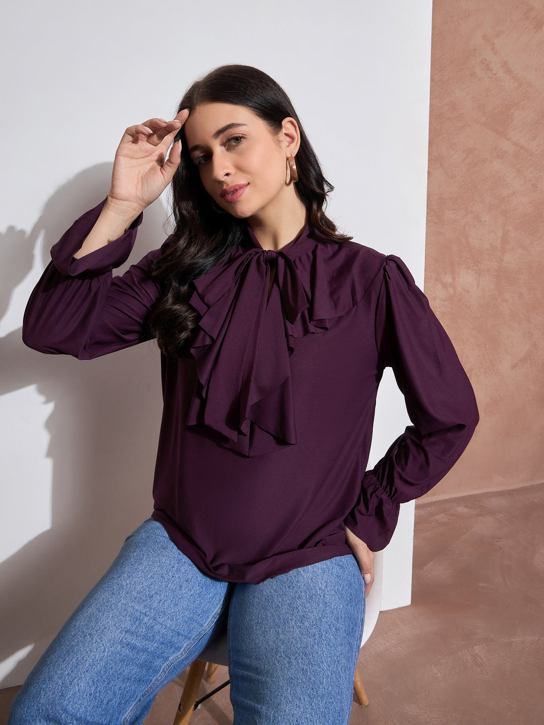 Long Sleeves Ruffle Detail Top with Tie Neck