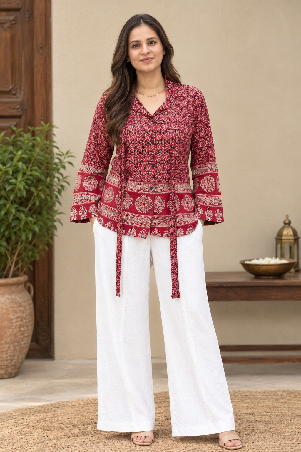 Women’s Printed Tunic Top with V-Neck, Bell Sleeves & Waist Tie-Up | Ethnic Casual Wear Blouse