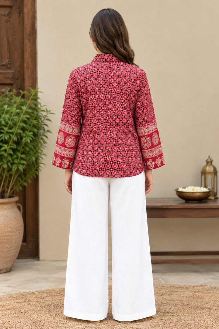 Women’s Printed Tunic Top with V-Neck, Bell Sleeves & Waist Tie-Up | Ethnic Casual Wear Blouse