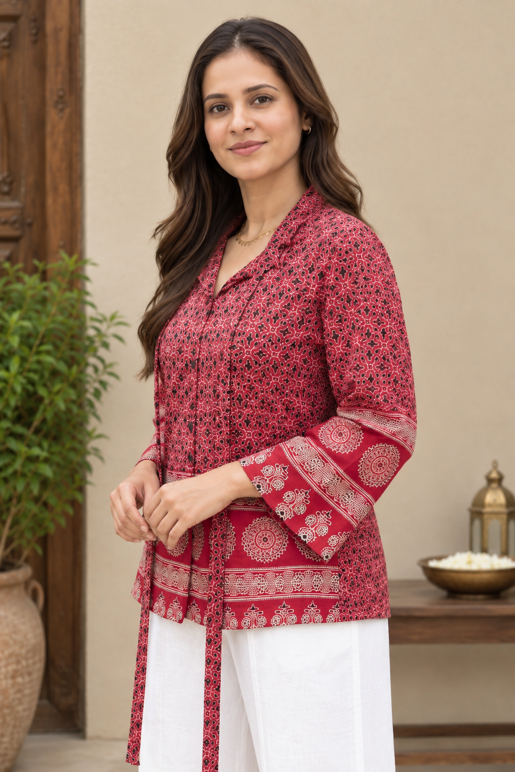 Women’s Printed Tunic Top with V-Neck, Bell Sleeves & Waist Tie-Up | Ethnic Casual Wear Blouse