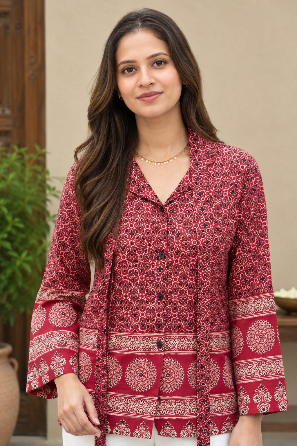 Women’s Printed Tunic Top with V-Neck, Bell Sleeves & Waist Tie-Up | Ethnic Casual Wear Blouse