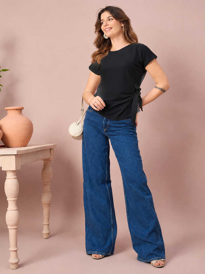 Women’s Side-Tie Crewneck Top | Short Sleeve Casual Blouse