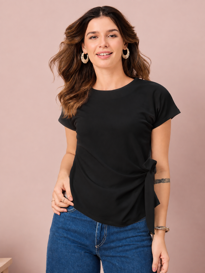 Women’s Side-Tie Crewneck Top | Short Sleeve Casual Blouse