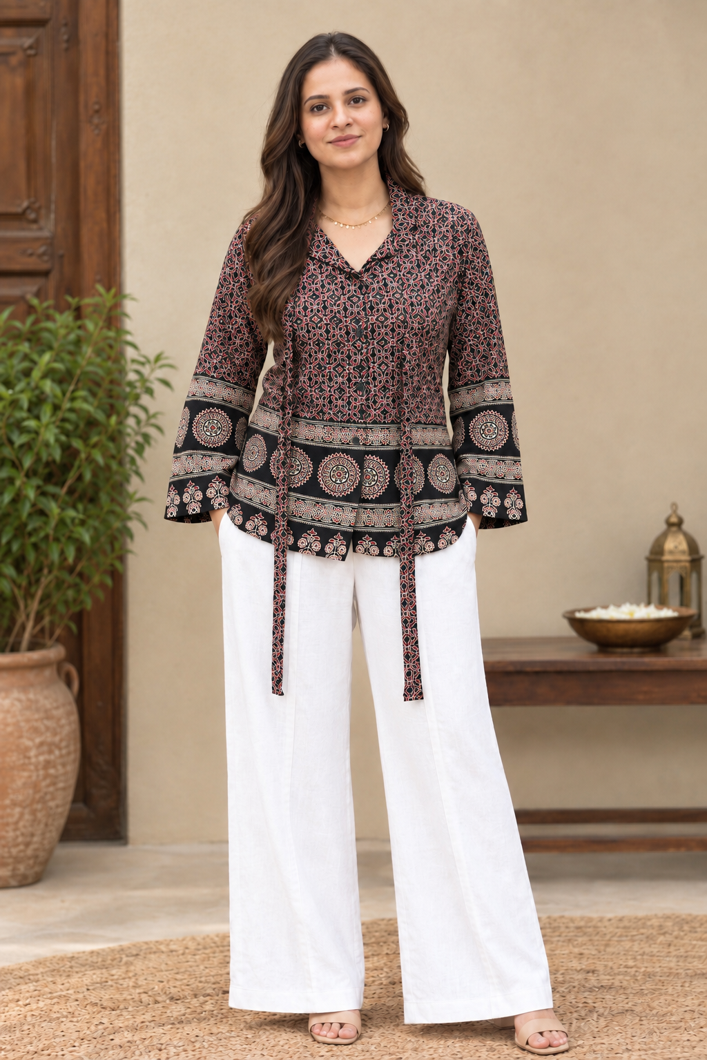 Women’s Printed Tunic Top with V-Neck, Bell Sleeves & Waist Tie-Up | Ethnic Casual Wear Blouse