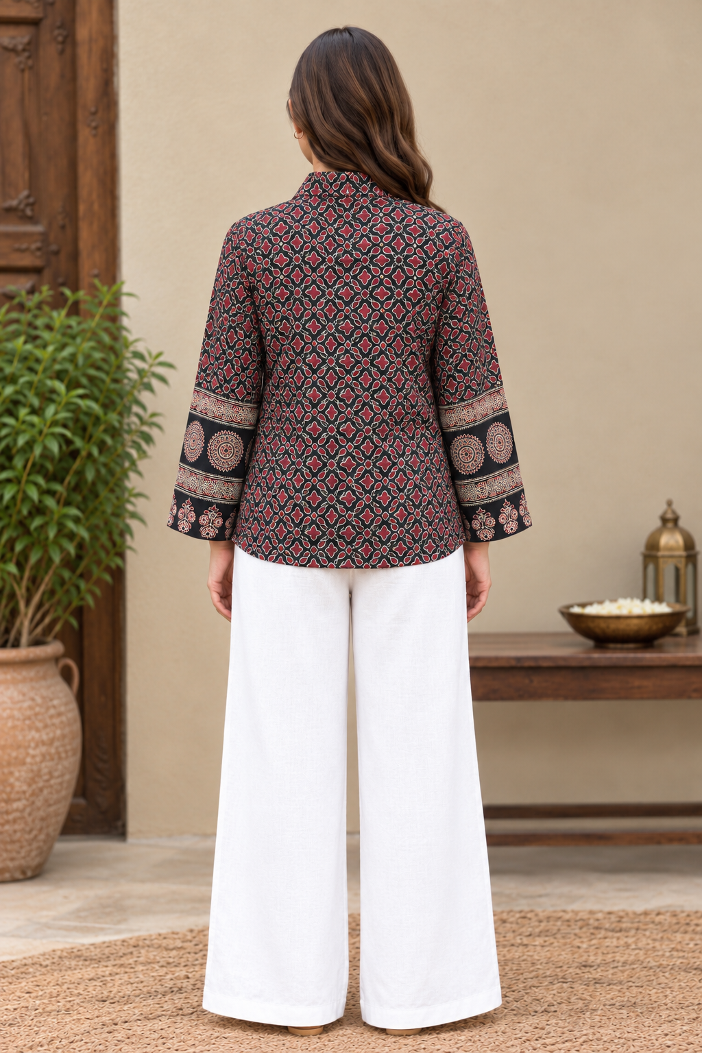 Women’s Printed Tunic Top with V-Neck, Bell Sleeves & Waist Tie-Up | Ethnic Casual Wear Blouse