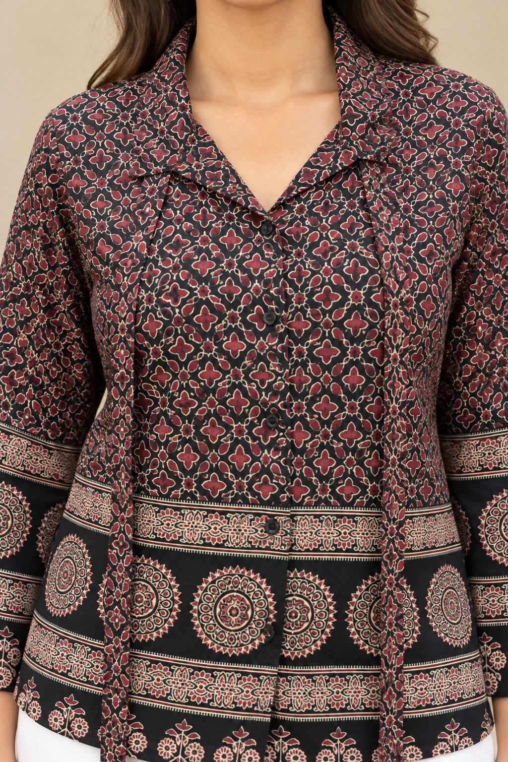 Women’s Printed Tunic Top with V-Neck, Bell Sleeves & Waist Tie-Up | Ethnic Casual Wear Blouse