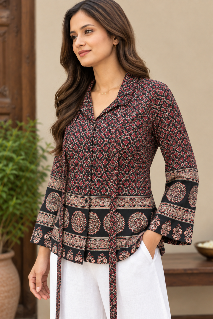 Women’s Printed Tunic Top with V-Neck, Bell Sleeves & Waist Tie-Up | Ethnic Casual Wear Blouse
