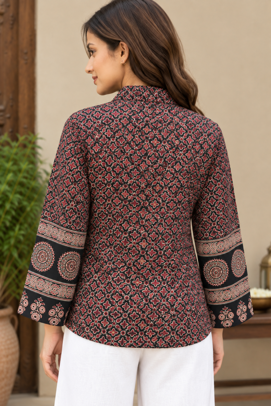 Women’s Printed Tunic Top with V-Neck, Bell Sleeves & Waist Tie-Up | Ethnic Casual Wear Blouse