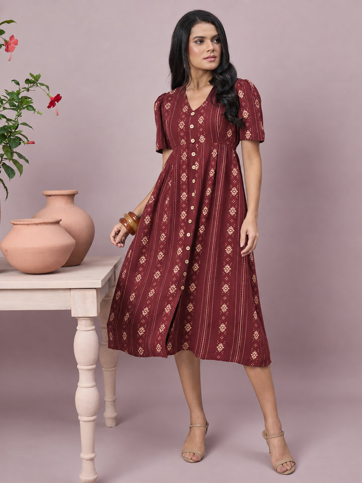 Women’s Printed V-Neck Midi Dress | Front Button Short Sleeve Outfit