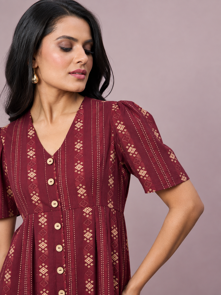 Women’s Printed V-Neck Midi Dress | Front Button Short Sleeve Outfit