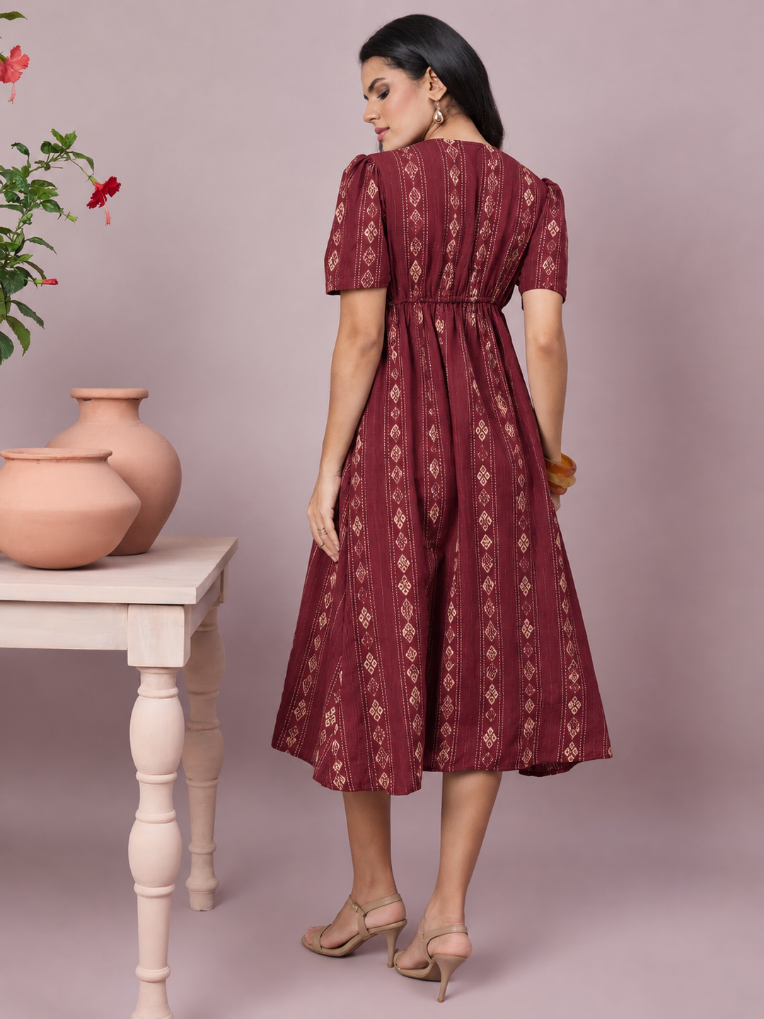 Women’s Printed V-Neck Midi Dress | Front Button Short Sleeve Outfit