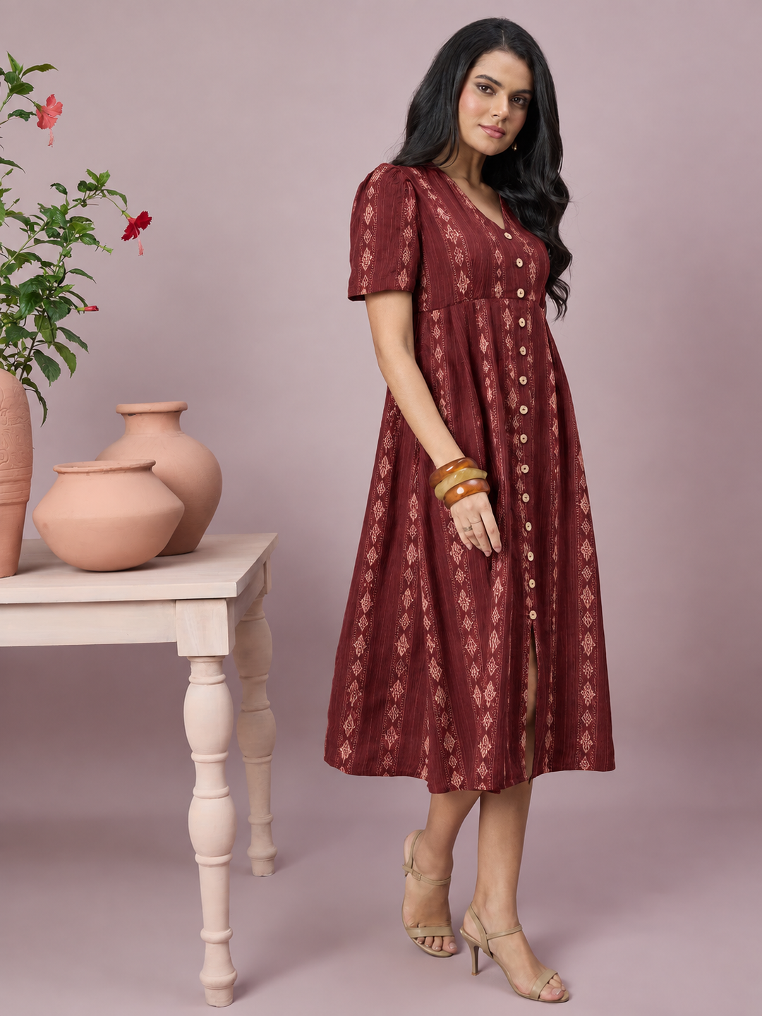 Women’s Printed V-Neck Midi Dress | Front Button Short Sleeve Outfit