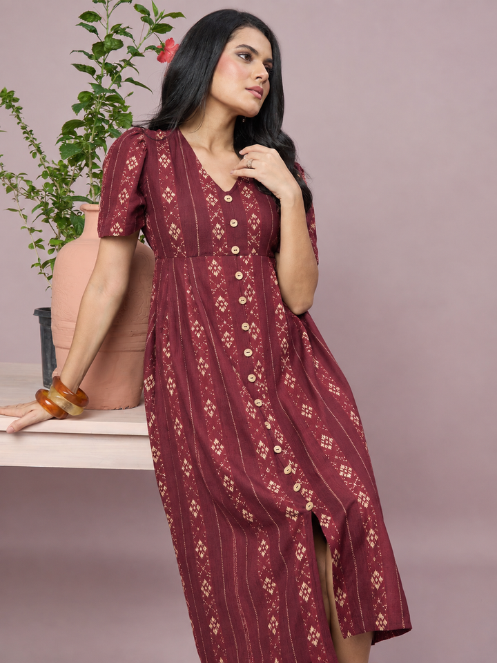 Women’s Printed V-Neck Midi Dress | Front Button Short Sleeve Outfit